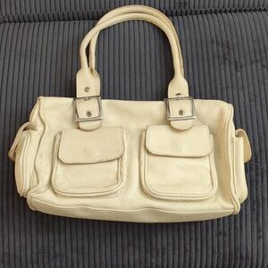 Cream Genuine Leather Shoulder Bag with Front Buckle Pockets